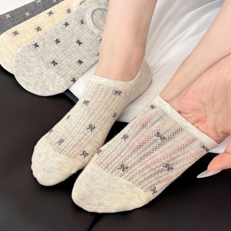 5 Pairs of  Women's Summer Thin Bow Mesh with A Shallow Mouth and Invisible Breathable Boat Socks