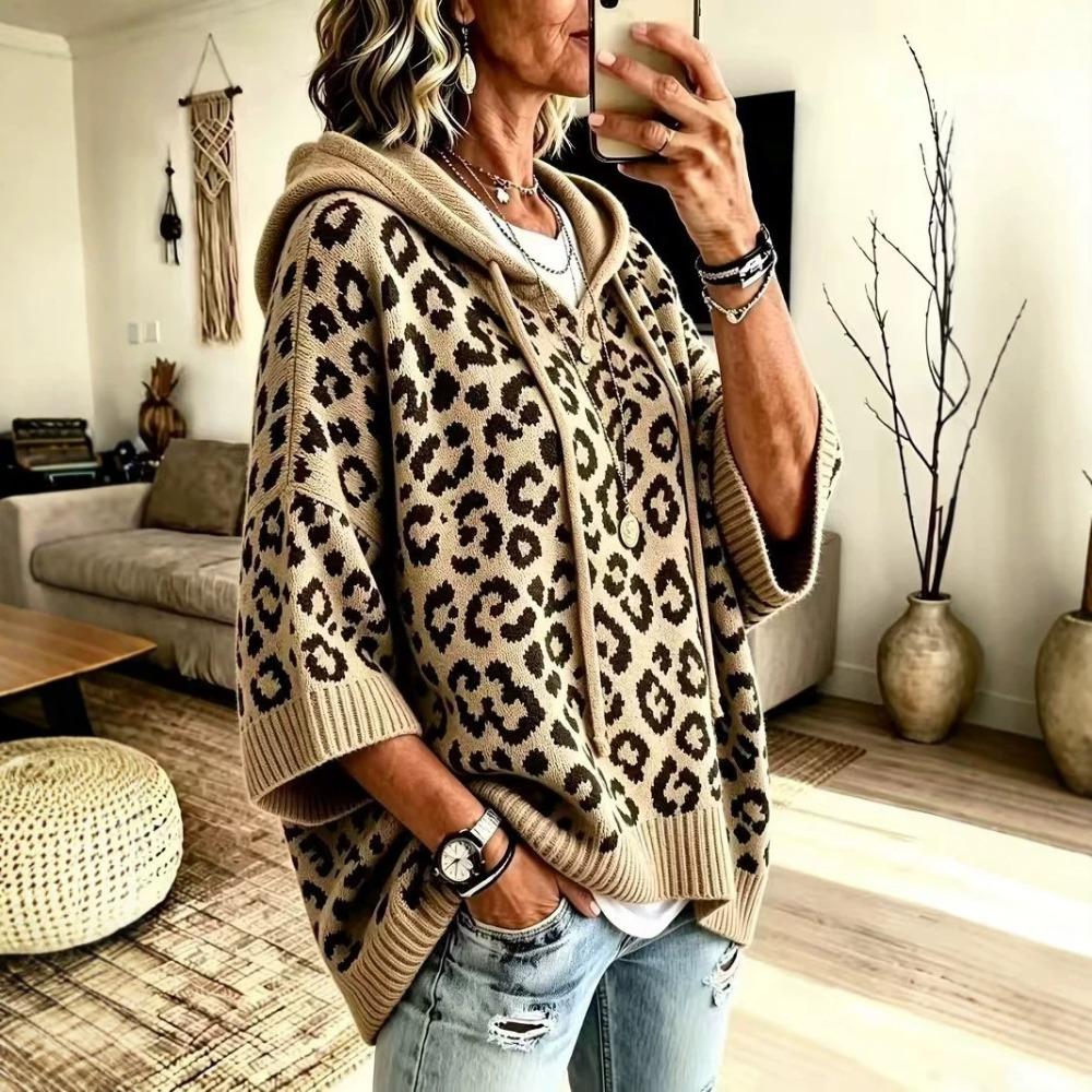 Felpa da Donna con Cappuccio Stampa Leopardo Coulisse Autunno Inverno Oversize