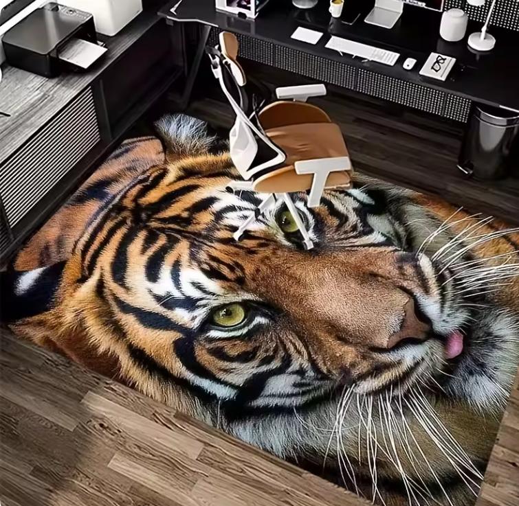 Living Room Rug Ice Blue White Tiger 3D Realistic Theme Carpet Non-Slip Soft Easy Clean Durable Cool Wild Luxury Home Decor Mat