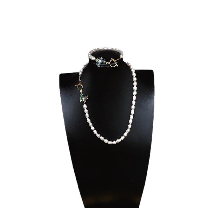 Elegant Freshwater Pearl Necklace Set with Abalone Shell Butterfly Inlays for Women