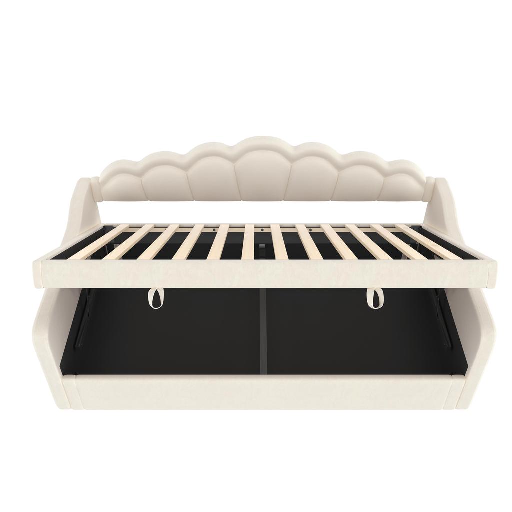 Tagesbett Flieks 90x200 cm mit Hydraulischem Stauraum, Schlafsofa mit Farbwechselbarem LED-Streifen, Beige