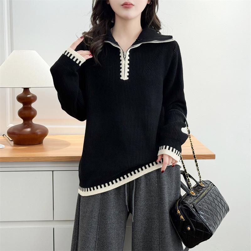 

2026 Spring Plus Size Color Block Zipper Pullover Sweater for Women 4XL чорний