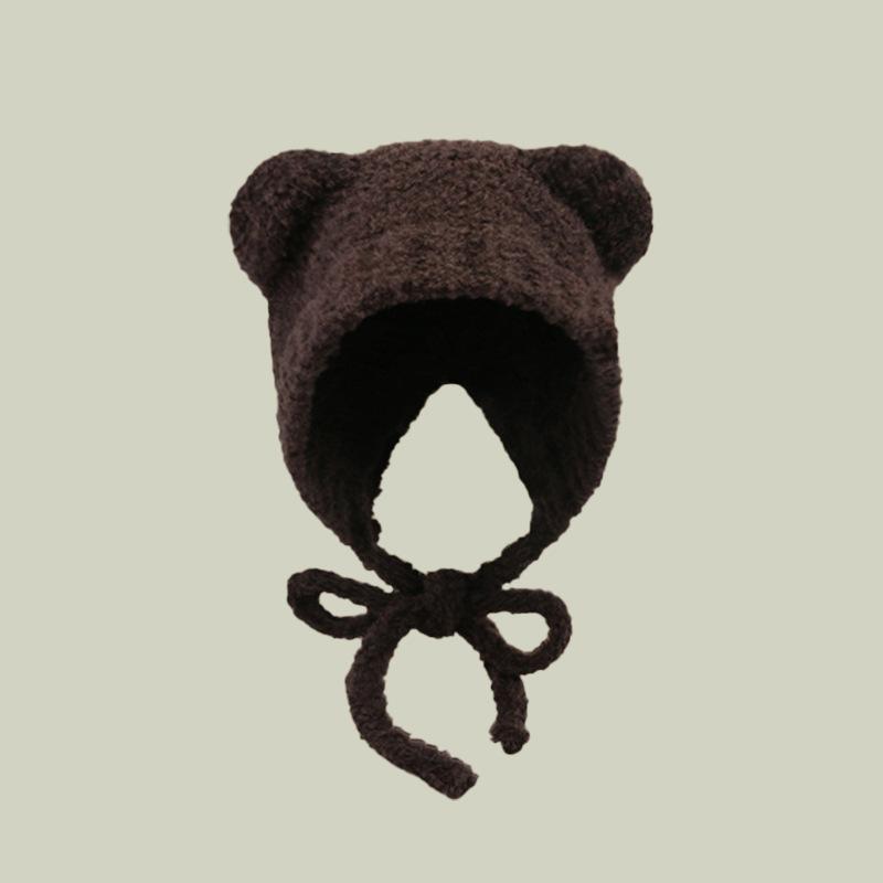 Bear cute bag head hat women's autumn and winter versatile new warm ear protectors big head circumference wool knitted hat