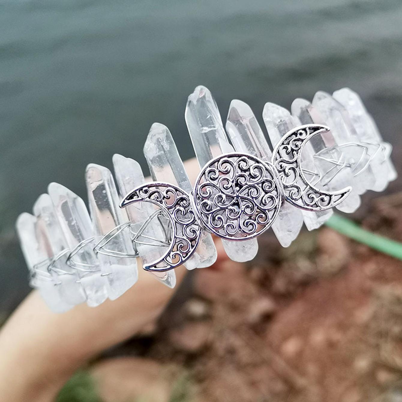 

Тиара из необработанного кристалла, повязка на голову с короной, натуральный кварц, головной убор богини Луны и ведьмы для викканского косплея, вечерние головные уборы