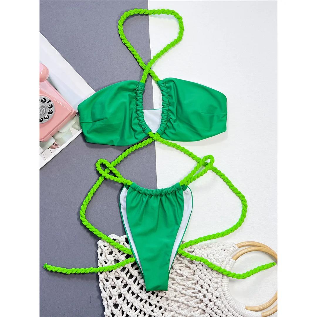 

Новый купальник бикини с высоким вырезом для ног и халтером, женский купальник, женская купальная одежда, комплект бикини из двух частей, купальник для плавания M зелёный