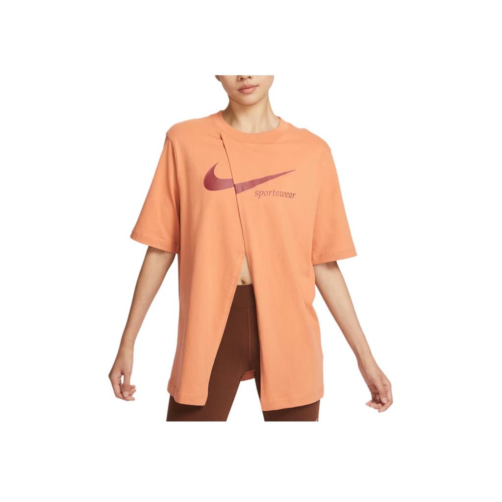 Nike Logo Print Split Hem Round Neck Short Sleeve T-Shirt Women Tops Brown FB8346-225