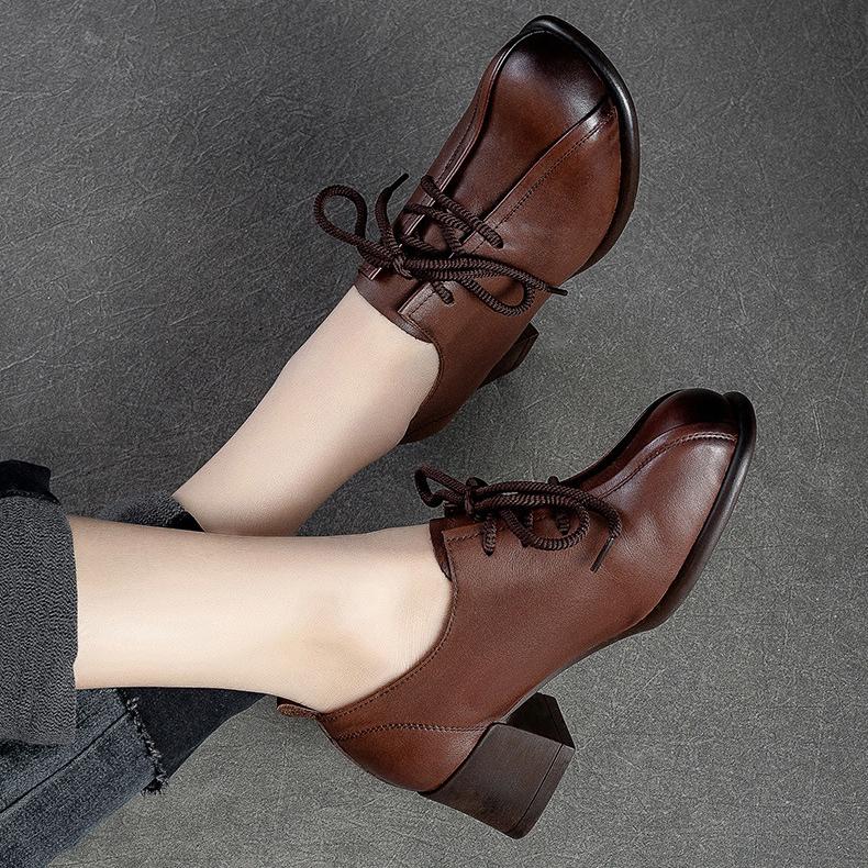 Johnature Retro Women Shoes Med Heels Solid Color Pumps Genuine Leather Round Toe Handmade Lace-up Shoes
