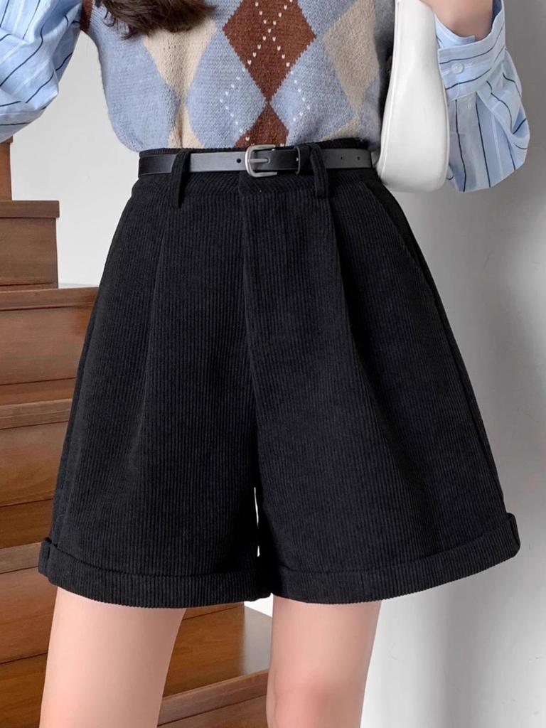 High-Waisted Corduroy A-Line Bootcut Shorts for Women - Coffee Color, Casual Autumn/Winter Wear