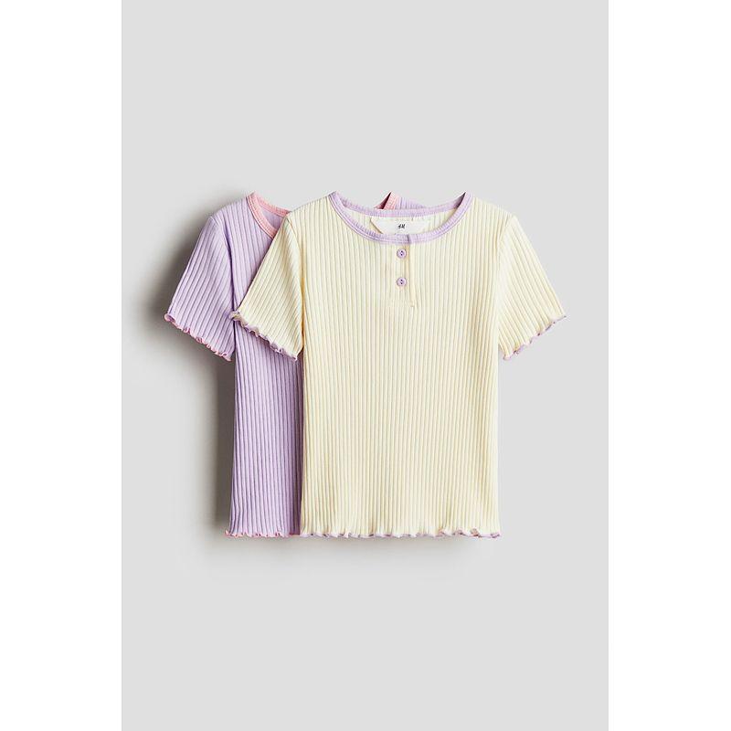 

HM Children s Clothing Girl T-shirt 2025 Autumn New Arrival Rib round-Neck Short Sleeve Cotton Soft Comfortable Top 1282741 Light yellow/light purple 120/60(4-6Y)