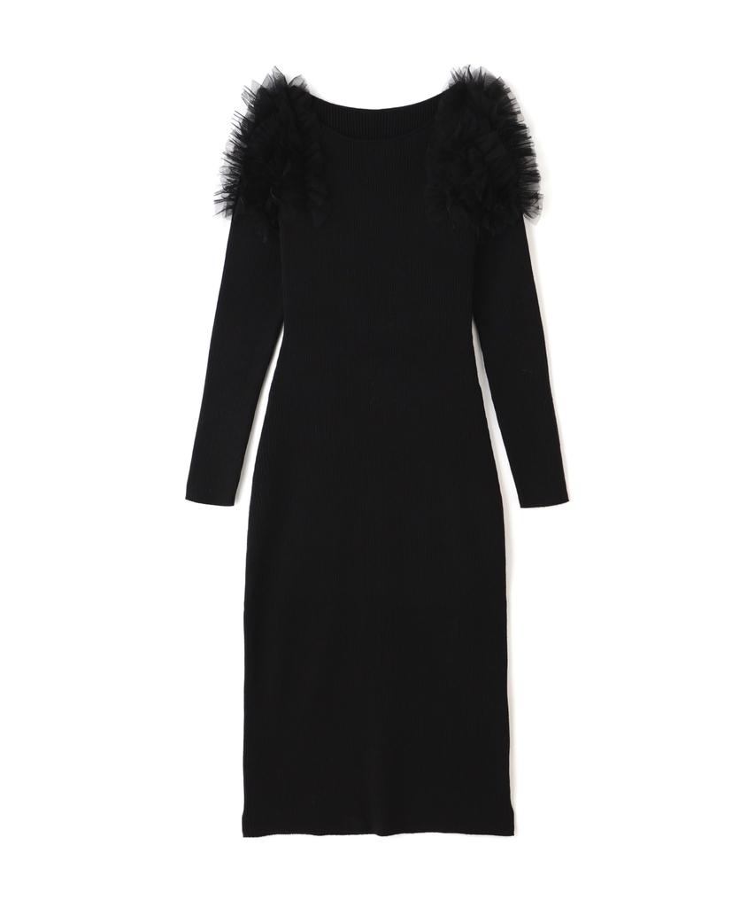 Beauty Casual Tulle Ruffle Shoulder Knit Black [Natural Basic] Dress, Dress, Women's,