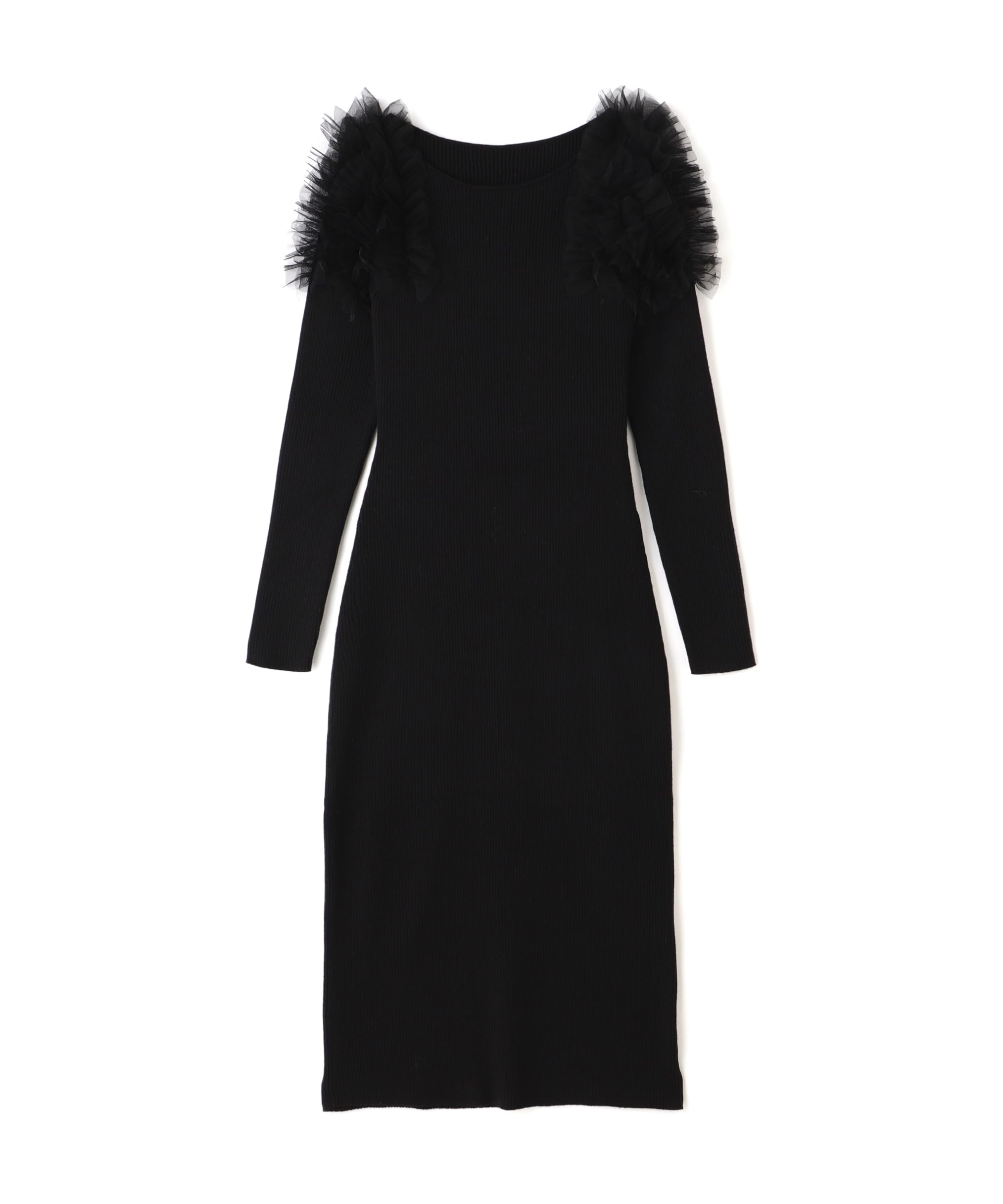 

Красивое повседневное трикотажное платье с тюлевыми оборками на плечах, черное [натуральный базовый], Платье, Платье, Женское, чёрный