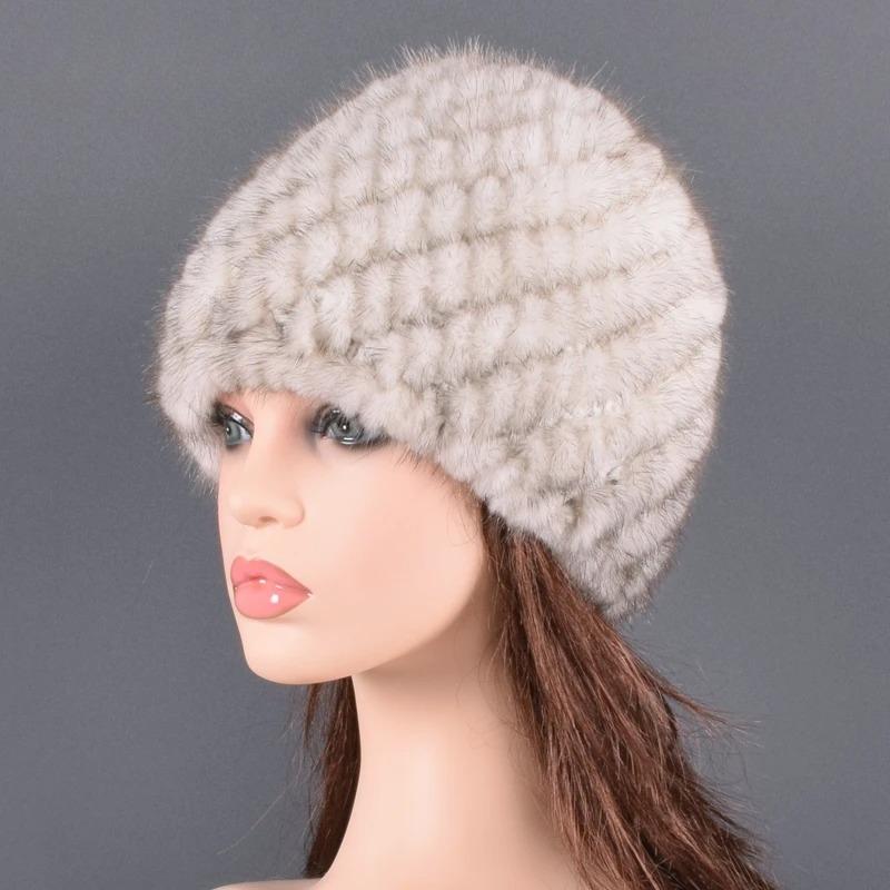 Real Natural Mink Hats for Women Winter Knitting Ear Warm Two-color Match Cap Cross-weave With New Fashion fur hat