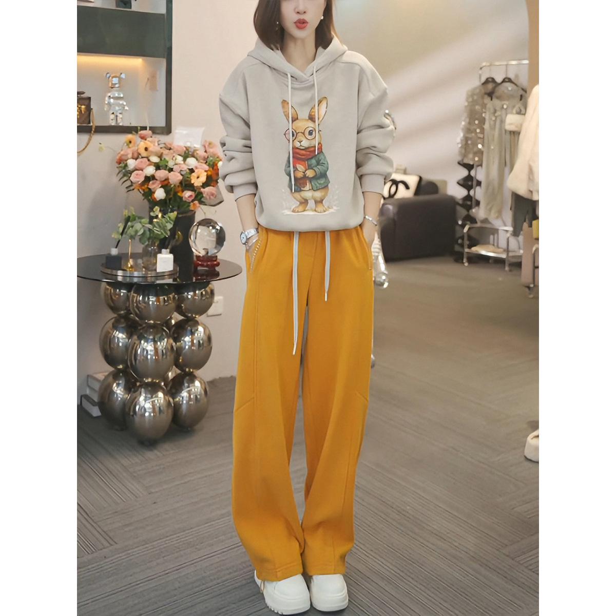 

2026 Spring-Autumn Casual Loose Fashion Rabbit Hoodie & Wide-Leg Sweatpants Two-Piece Set XL