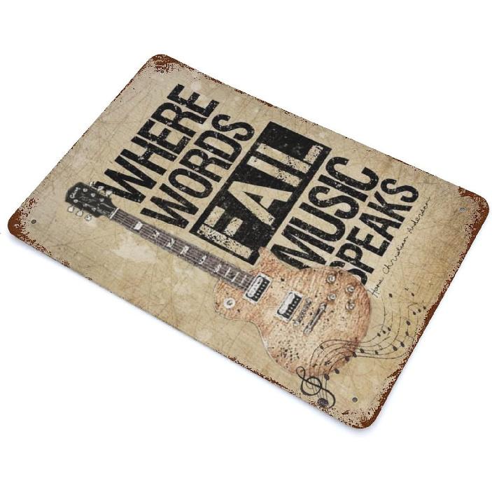 LEIZENTIN Vintage Tin Sign Guitar Where Words Fail Music Speaks Home Bar Poster Wall Decor Retro Metal Sign 8x12inch