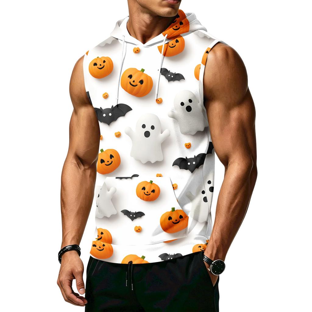 Men's Halloween Print Hooded Tank Top Casual Sleeveless Vest with Pockets Drawstring