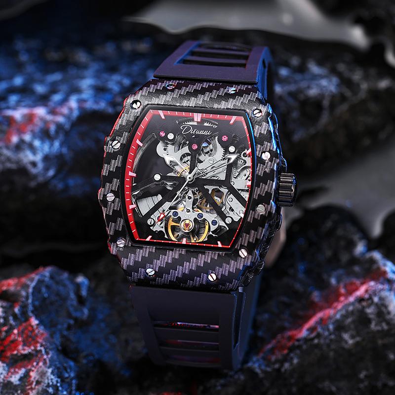 Tonneau Dial Men Automatic Mechanical Watch Skeleton Tourbillon Male Wristwatch Top Brand Luxury Rubber Strap Reloj Hombre