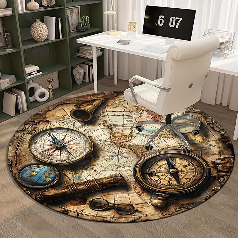Vintage Map Compass Adventure Theme Round Rug Travel Explorer Style Ancient World Map Decorative Floor Mat for Study