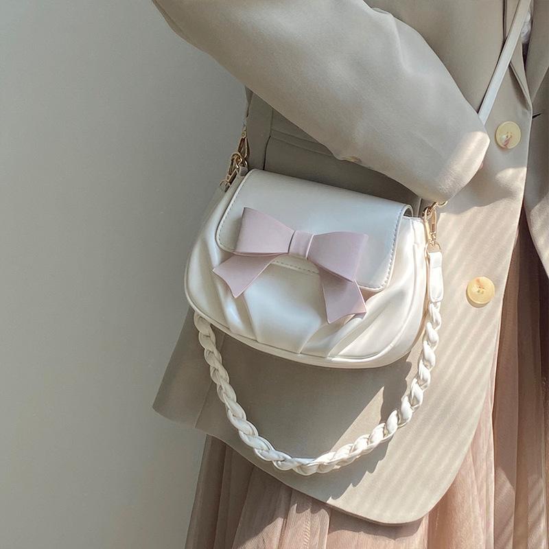 Summer Sweet and Cute Bow Small Round Bag, Pleated Cloud Bag Soft Shoulder Messenger Bag Women
