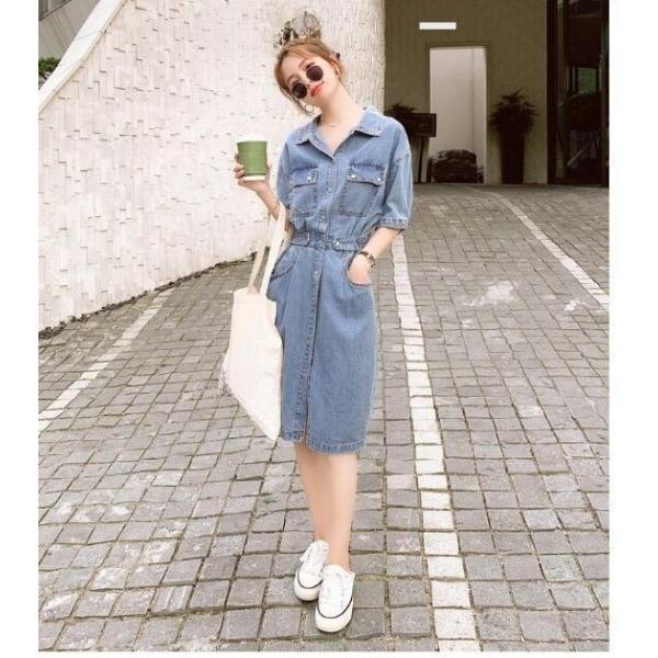 Elegant Denim Dress Women Summer Slim Waist French Style Tea Dress A Line Midi Petite Friendly