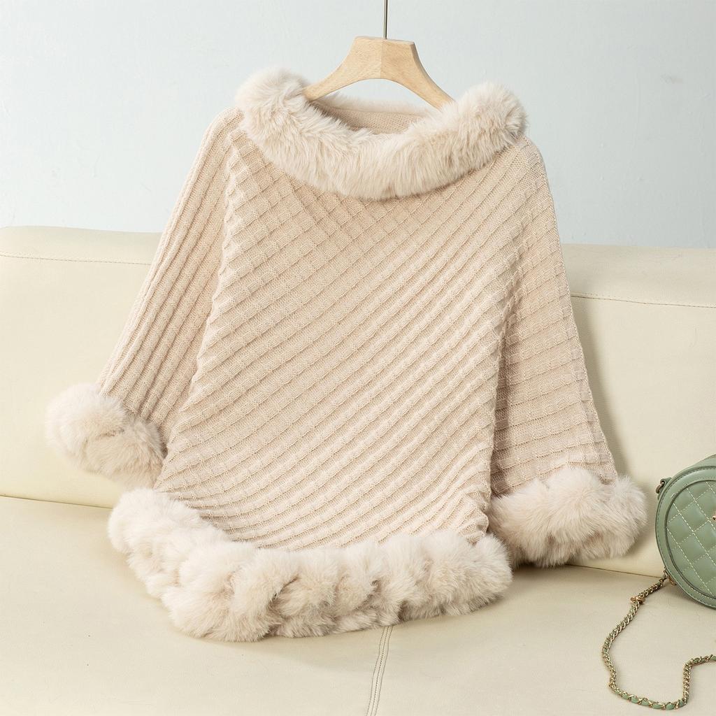 Women's Color Wool Collar Pullover Sweater Thick Vintage Plaid Knitted Cloak Shawl For Party