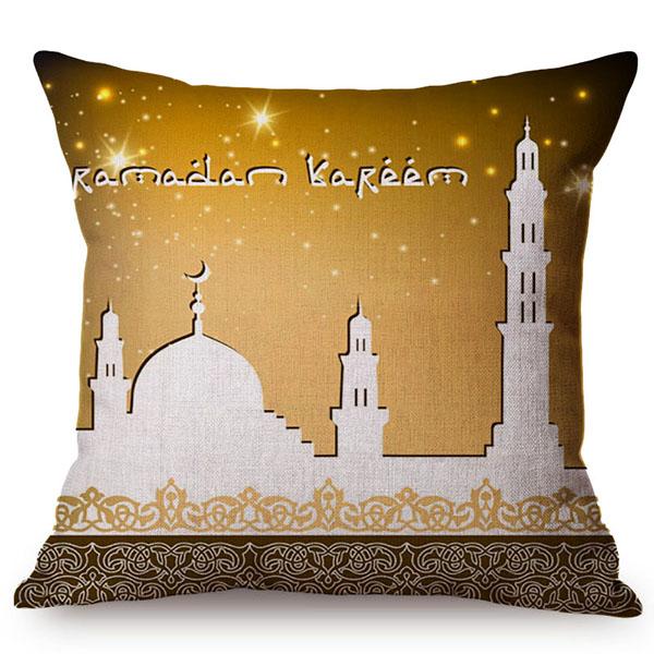 Cotton Linen Sofa Throw Pillow Case, Classic Islam Ramadan Kareem Decoration, Mosque Castle And Moon Pattern, Yellow