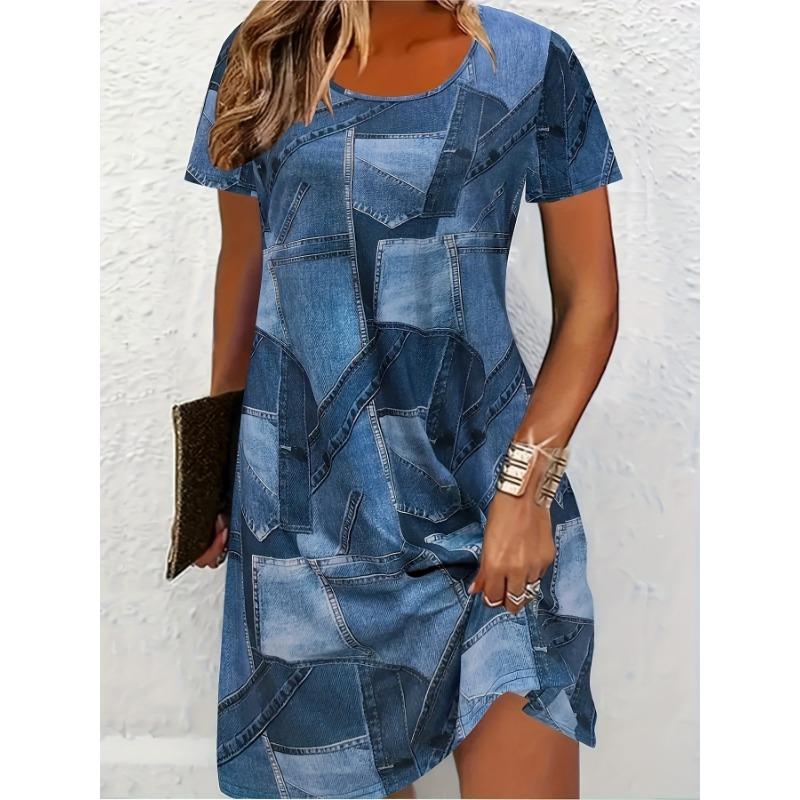 Plus Size - Plus Size Women S Abstract Artistic Patchwork Color Block 3D Print T-Shirt Dress S