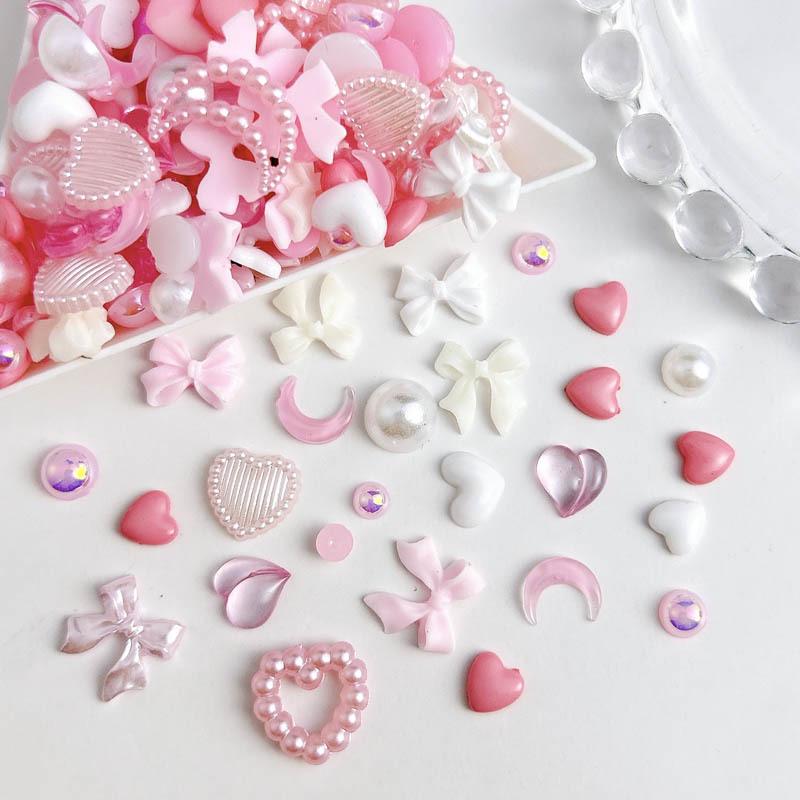 50pcs Barbie Pink Girly Nail Art Accessories: Iridescent Hearts, Bows, Pearl Embellishments, Press-On Nails.