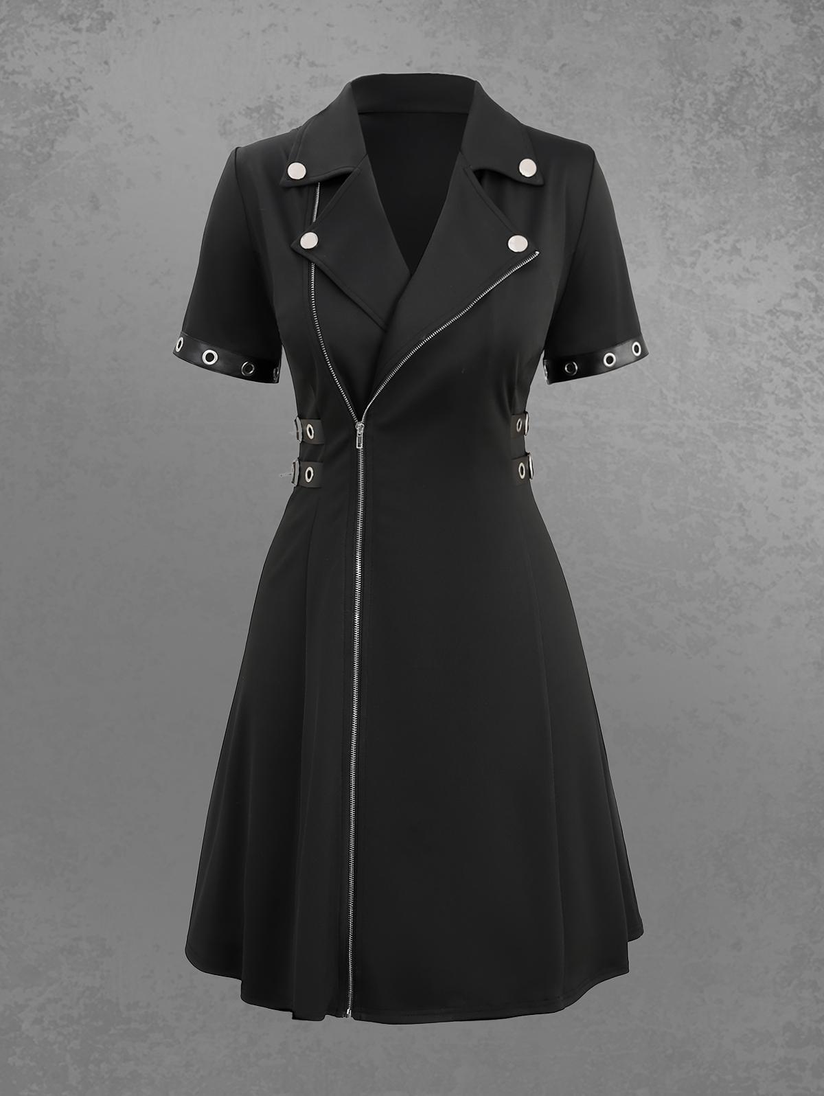 

Платье Rosegal Gothic с воротником-лацканами, застежкой-молнией, ремешком из искусственной кожи, пряжкой-люверсом и однотонным силуэтом 3XL чёрный