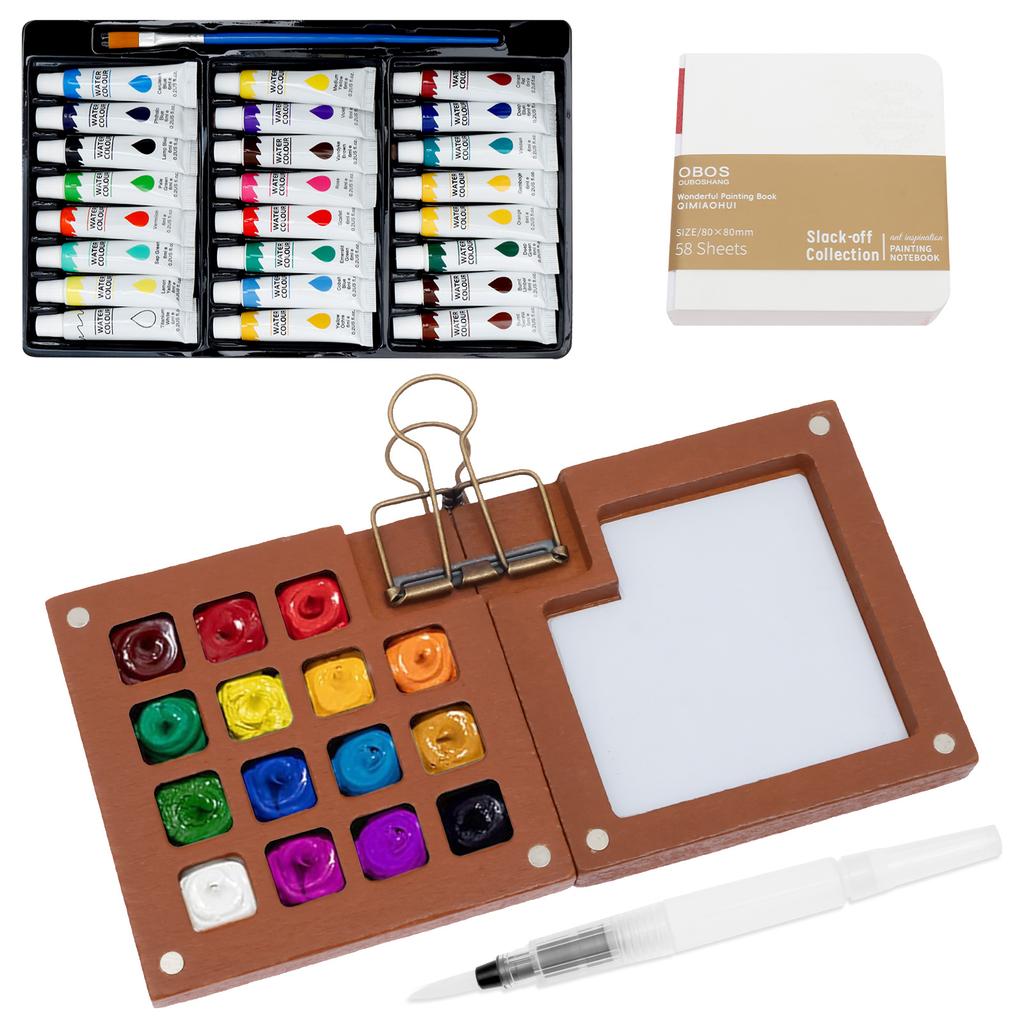 1Set Mini Watercolor Paint Set Portable Pocket Watercolor Kit with 15Grid Palette 24 Color Paint Sketchbook and Brush for Travel