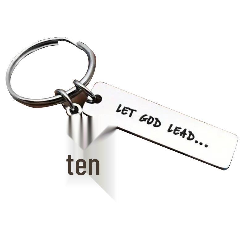 Stainless Steel Minimalist Keychain with Engravable 'LET GOD LEAD' Cross Pendant