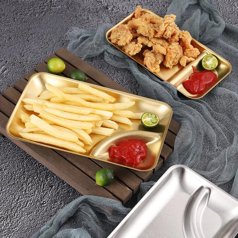 Stainless Steel Compartmentalized Snack Plate Gold Fried Chicken Sauce Dessert Bread Tray Silver with Vinegar Dish Rice Plates