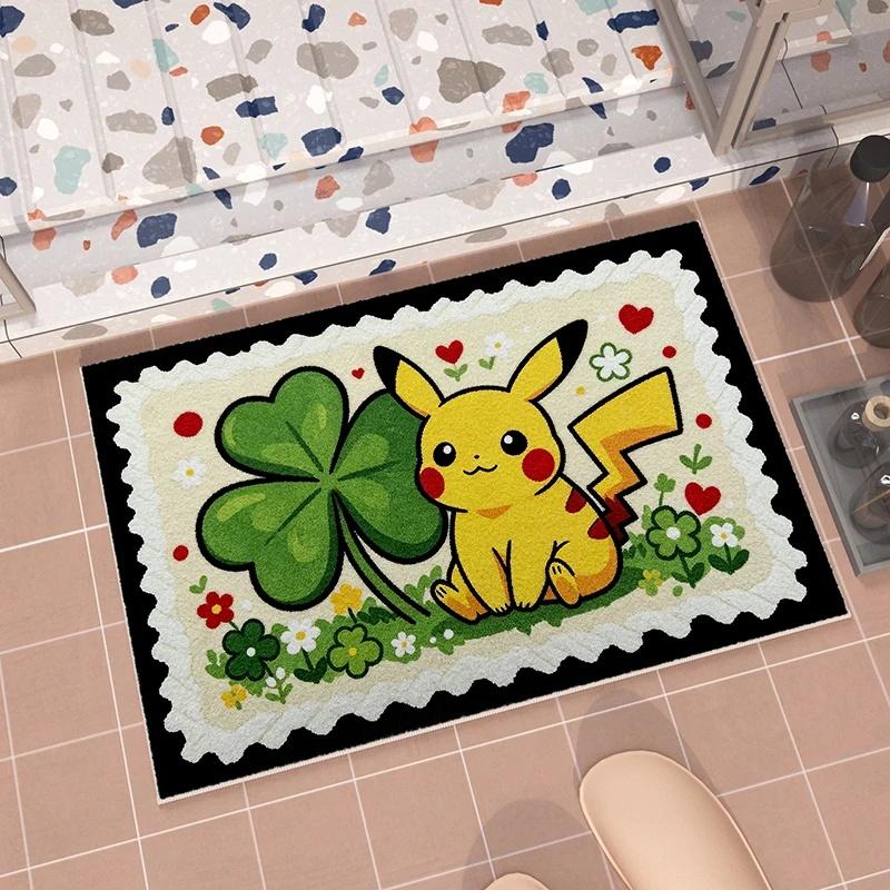 Doorway Floor Mat, Faux Cashmere, Pikachu 3D Print, Soft Water Absorbent, Lucky Clover Home Decor Rug