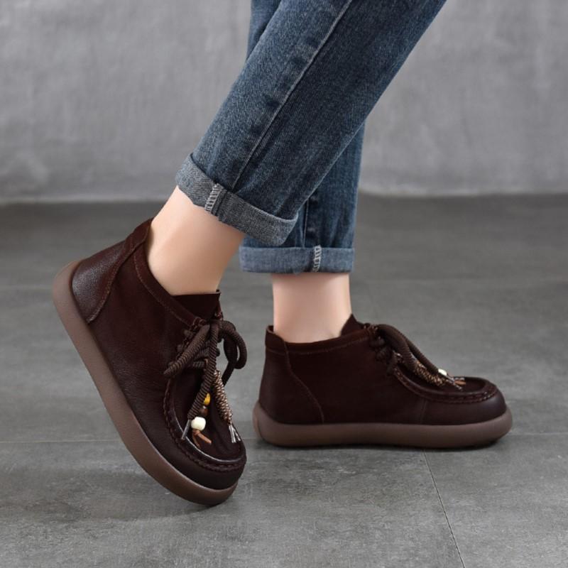 Johnature Genuine Leather Round Toe Lace-up Flat Ankle Boots Casual Versatile Women's Shoes