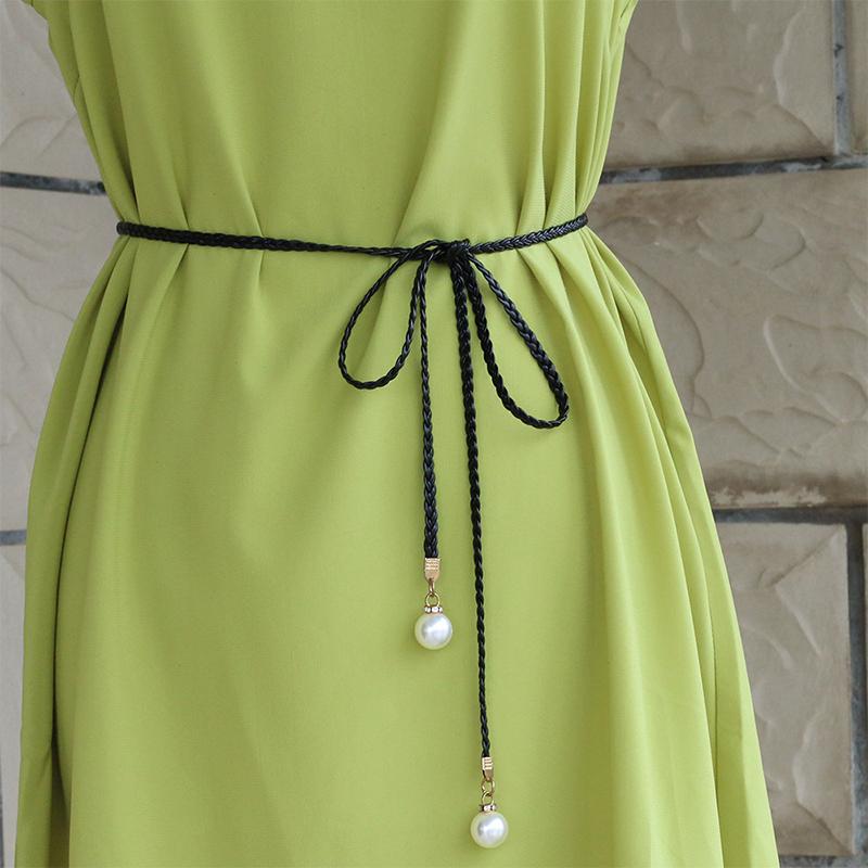 Retro Pu Braided Pearl Belt Waist Chain Versatile Women Leather Rope Waistband Waist Rope Jeans Dresses Clothing Accessories