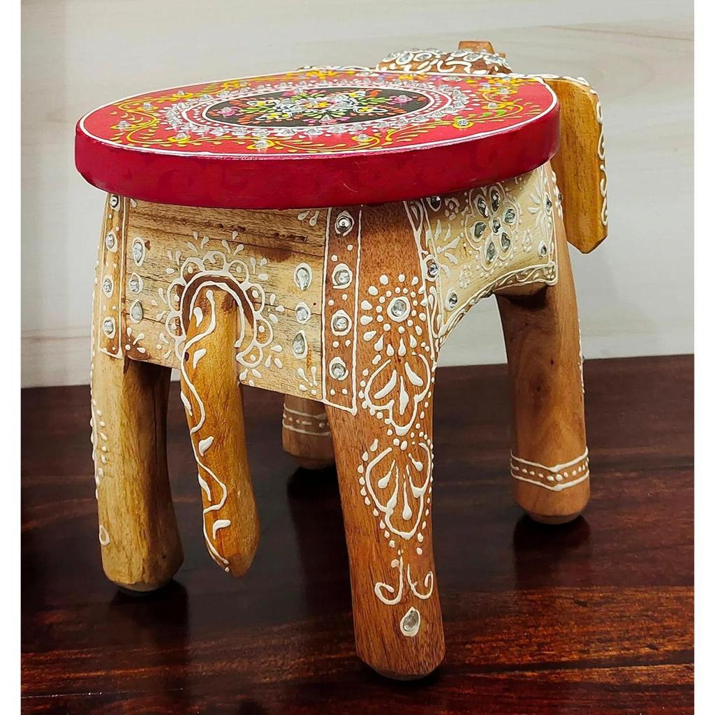 Wooden Painting Decorative Rajastani Painted Elephant Stool | Home Decorative Items| Showpiece(8 Inch) (Mustard)