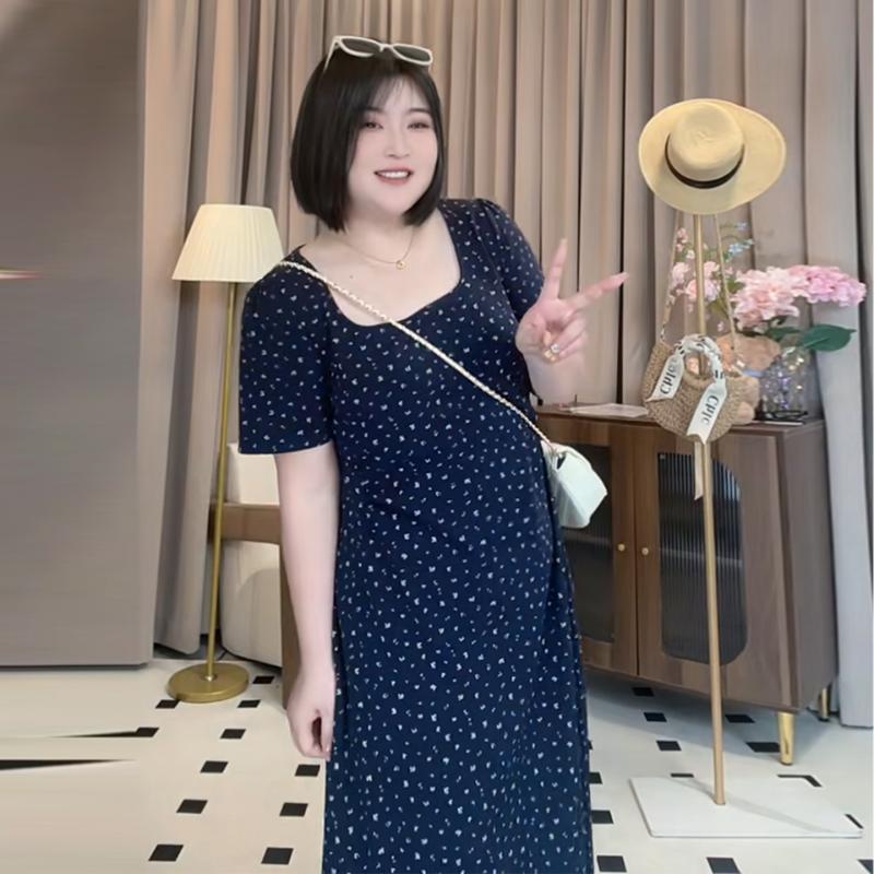 Large size retro elegant square neck floral dress women's summer fat mm thin gentle wind temperament versatile skirt