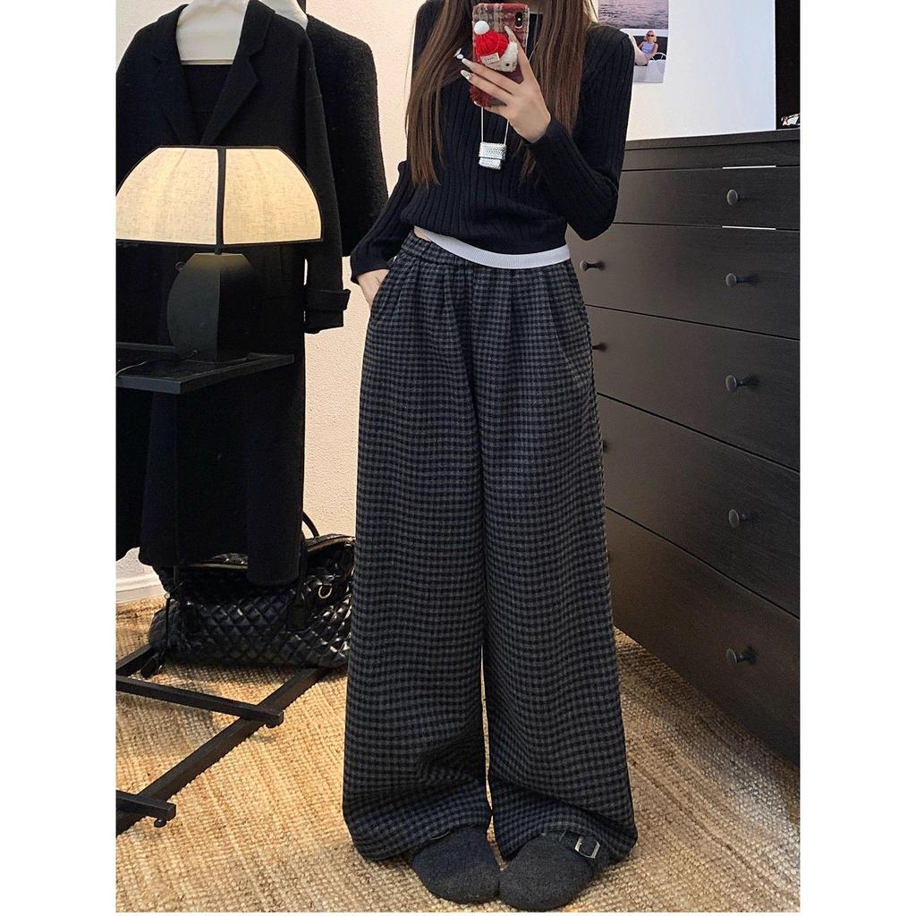 Two-Color Retro Plaid Velvet Fleece-Lined Wide-Leg Casual Pants