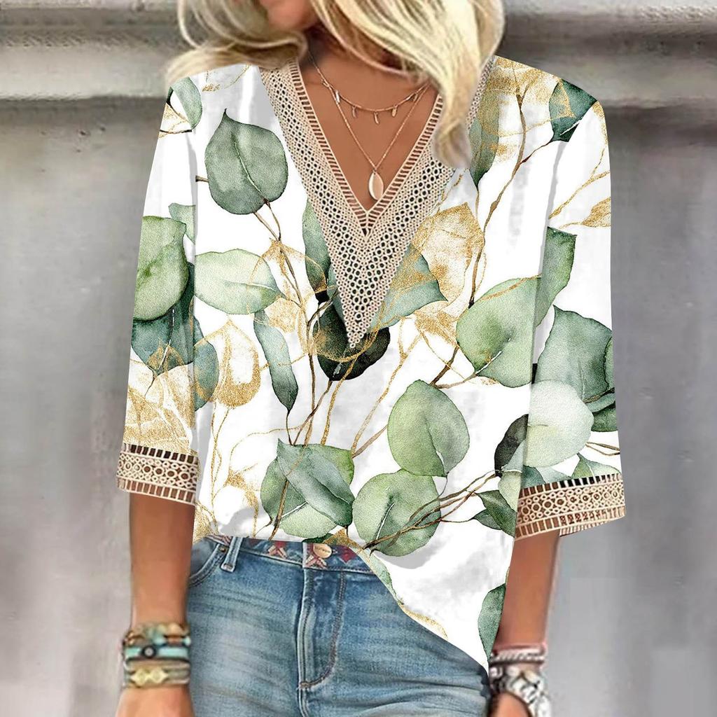 Women's Shirt Blouse Casual Loose Shirts 3/4 Sleeve Lace Trims Print V Neck Tops Print Tops T-shirts Tee