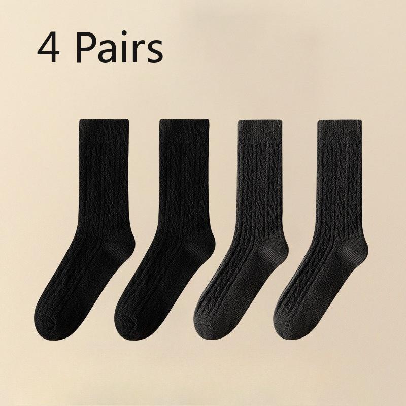 4 Pairs Autumn and Winter Socks, Women's Mid-calf Socks, Wool Imitation, Fleece, Thickened, Warm Solid Color, Retro Pile Socks, Postpartum Socks