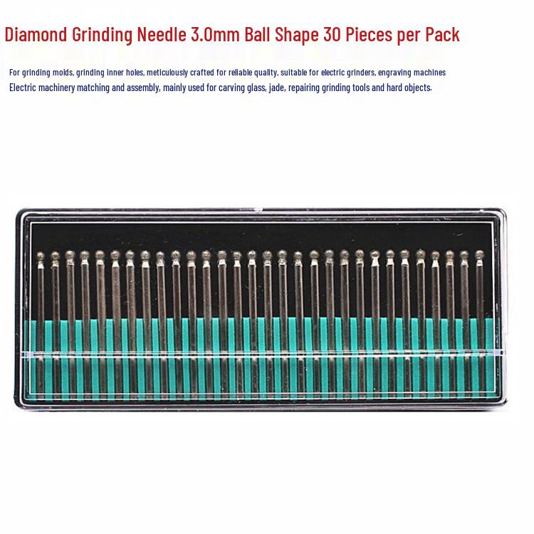 Boxed Set of 30 Ball-Shaped Diamond Grinding Needles, 3.0mm Electroplated for Jade Carving