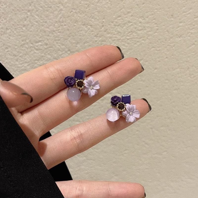 Taro Purple Flower Stud Earrings for Women Crystal Round Ball Mini Earrings Cute Girls Earrings Fashion Ear Jewelry brincos
