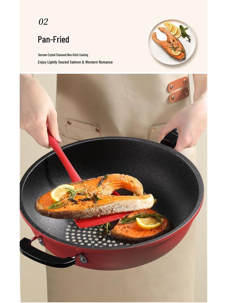 Wok cu fund plat antiaderent - Tigaie de uz casnic cu fum ușor, compatibilă cu toate tipurile de aragaz