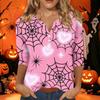 Women's Casual Halloween Print V-Neck Short Sleeve T-Shirt with Decorative Buttons