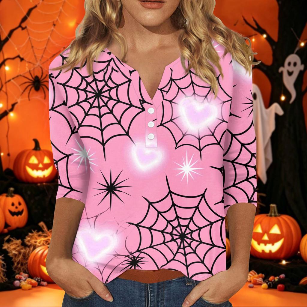 Women's Casual Halloween Print V-Neck Short Sleeve T-Shirt with Decorative Buttons