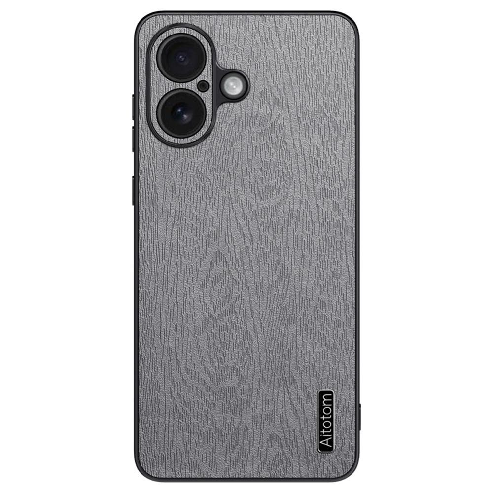 

For iPhone 16 Plus Case Wood Texture PU Leather Coated PC+TPU Phone Cover Grey