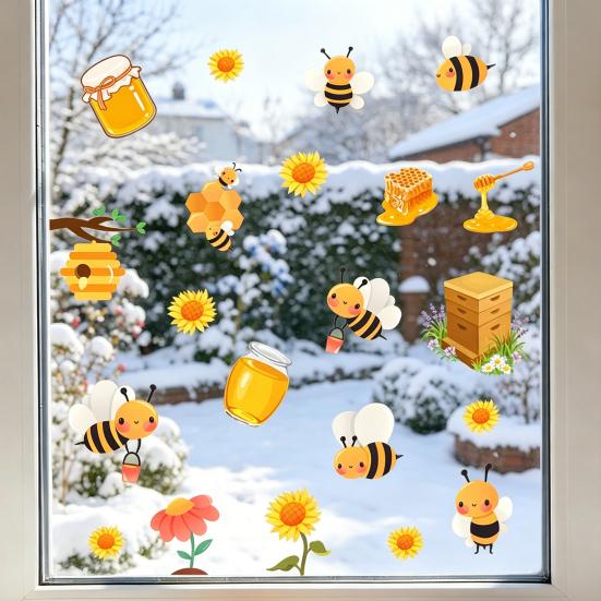 Spring Summer Bee Window Clings Honey Bee Static Glass Stickers Sunflower Honeypot Bee Removable Decals for Home Party Shop Glass Decor