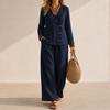 Women's V-Neck Button Long Sleeve Top and Wide Leg Pants Two-Piece Set Color Casual Suit