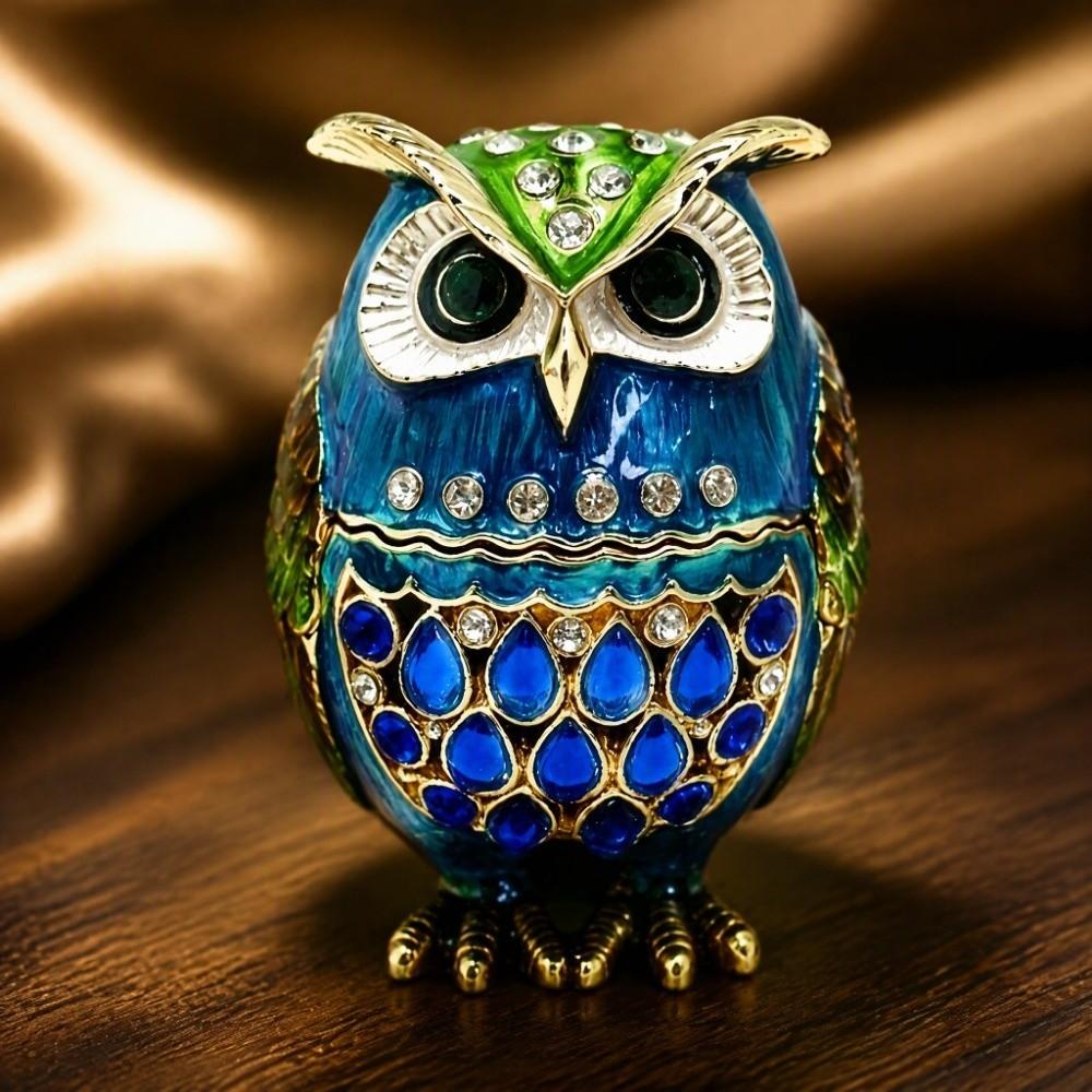 Enameled Finish Animal Figurine Jewelry Box Zinc Alloy Owl Keepsake Box Owl Trinket Box For Rings