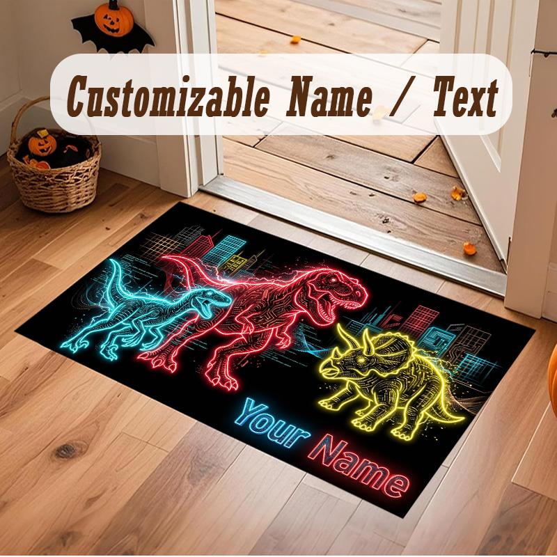 Dinosaur Theme Soft Crystal Velvet Rug Custom Name & Text Print Non Slip Floor Rug for Bedroom Living Room