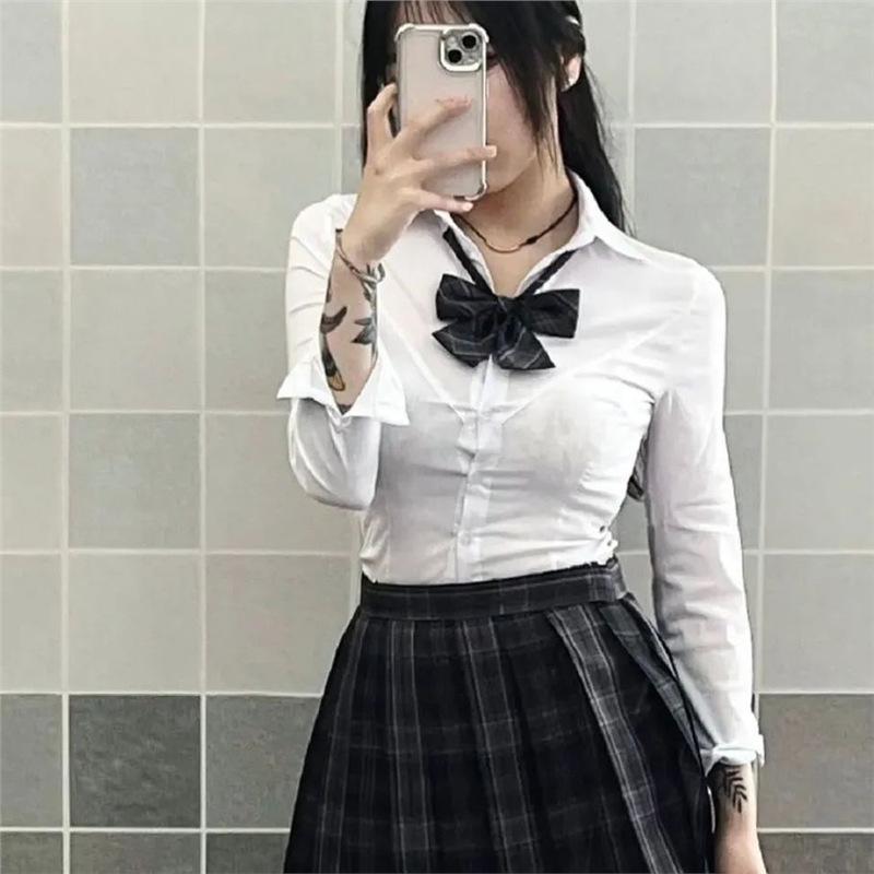 

Preppy JK Uniform: Slim-Fit Waist-Cinching Shirt & High-Waisted Midi Skirt Two-Piece Set for Women M